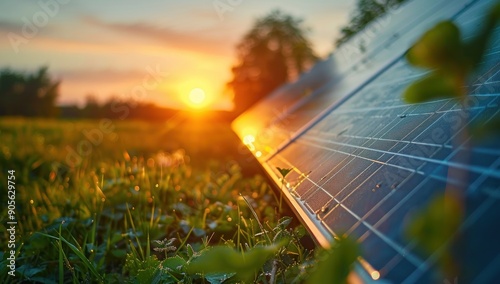 Solar Panel at Sunset, Green Grass