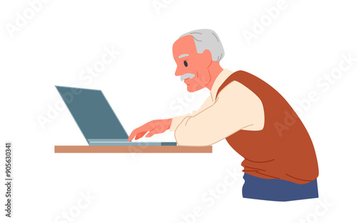 Old man using laptop. Happy active senior person sitting at table with computer to play, study or work, elderly grandfather character working online in retirement cartoon vector illustration