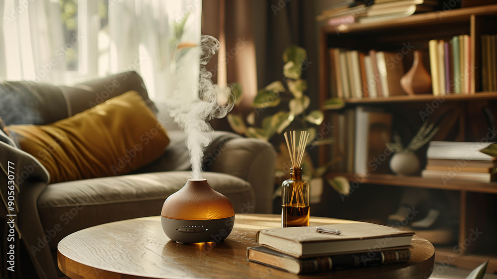 A sleek aroma oil diffuser on a table beside a comfortable chair in a reading nook A sleek aroma oil diffuser on a table beside a comfortable chair in a reading nook