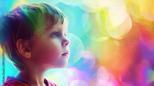 Small child looking forward on a background with bokeh effect.