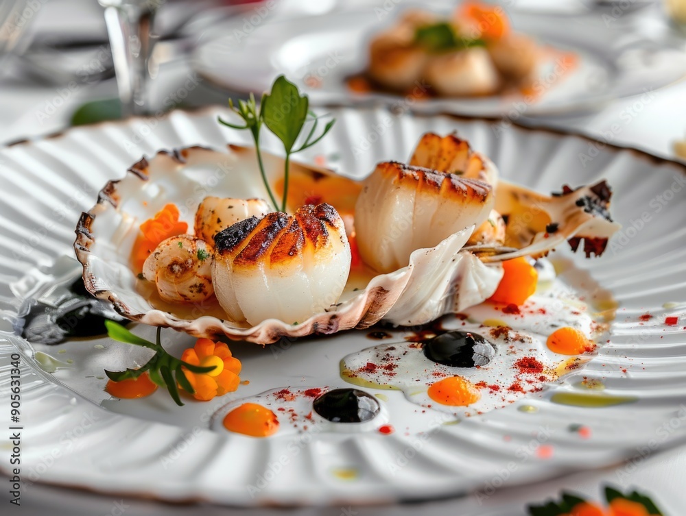 A plate of food with a shell and a garnish of parsley A plate of food with a shell and a garnish of parsley