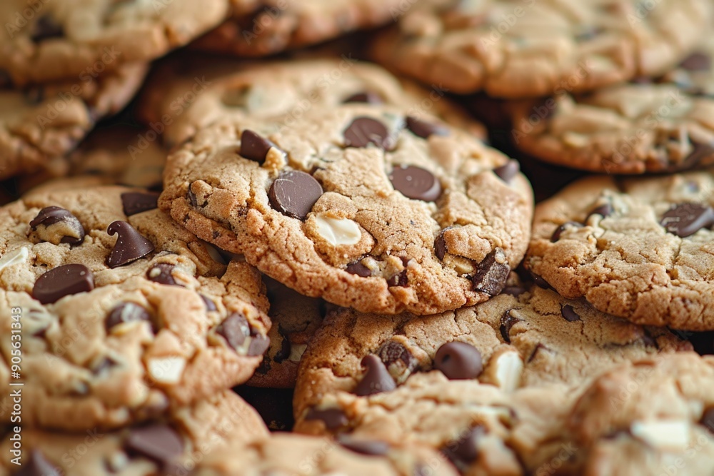 A pile of chocolate chip cookies. The cookies are all different sizes and are piled on top of each other