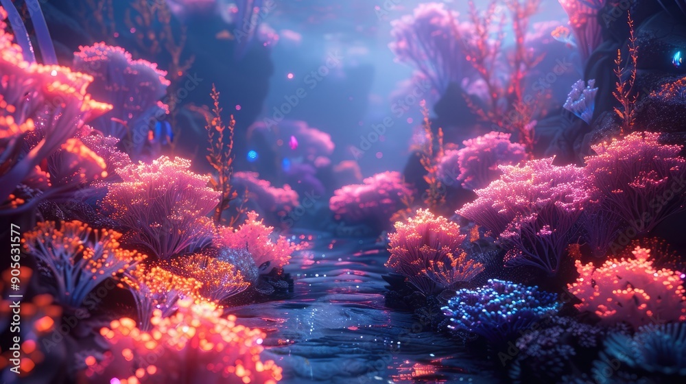 Fototapeta premium Innovative Futuristic Ocean with Glowing Coral Reefs and Holographic Elements for an Adventure Experience