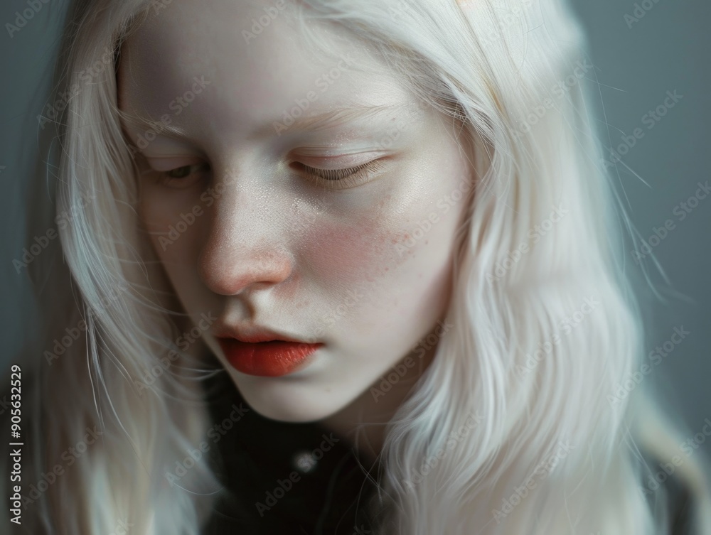 A woman with blonde hair and red lipstick is staring at the camera. The image has a moody and mysterious feel to it, as the woman's gaze seems to be focused on something beyond the camera