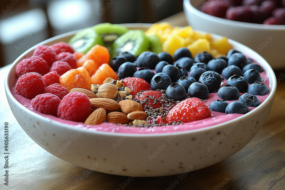 A vibrant breakfast smoothie bowl filled with blueberries, almonds, raspberries, kiwi, and a variety of fresh fruits, beautifully displayed in a white bowl under the morning light in a modern kitchen A vibrant breakfast smoothie bowl filled with blueberries, almonds, raspberries, kiwi, and a variety of fresh fruits, beautifully displayed in a white bowl under the morning light in a modern kitchen