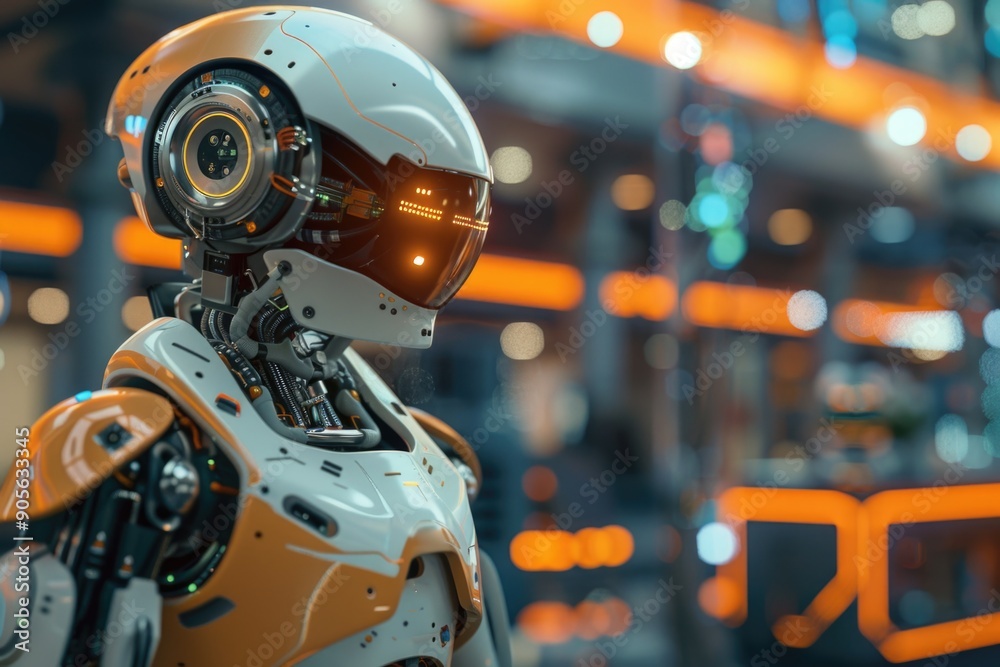 A robot with a white helmet and orange body stands in front of a building. The robot is surrounded by orange lights, giving the scene a futuristic and industrial feel A robot with a white helmet and orange body stands in front of a building. The robot is surrounded by orange lights, giving the scene a futuristic and industrial feel