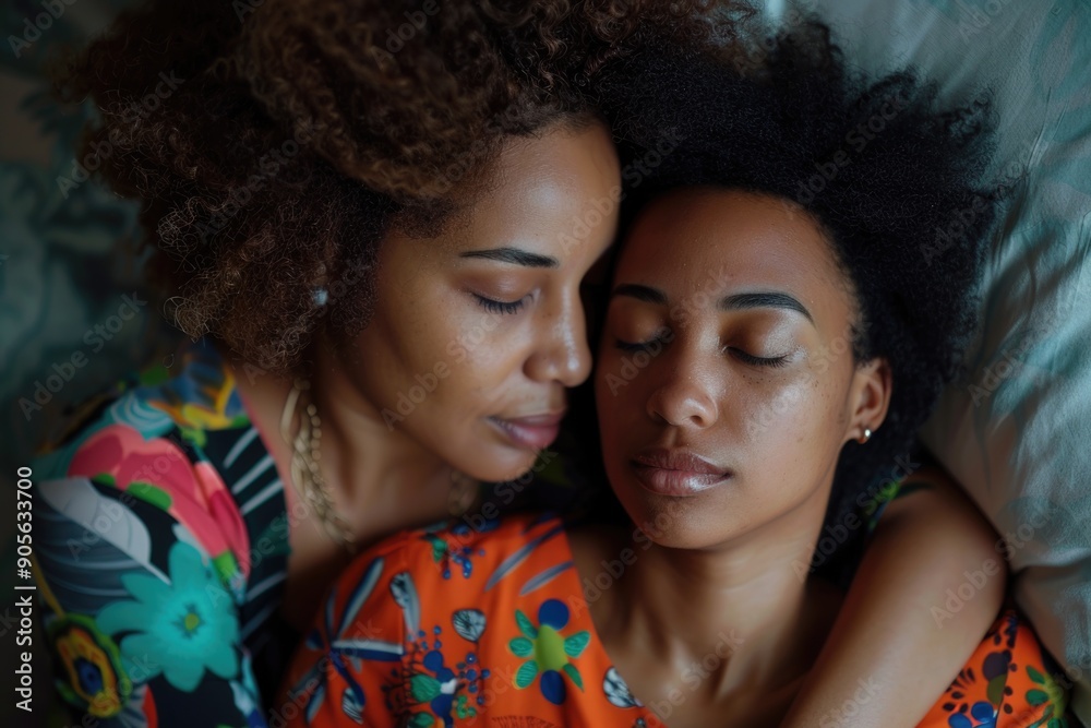 Two women are hugging each other on a bed. One of them is wearing a floral dress. Scene is warm and affectionate