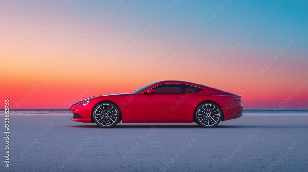 Red sports car parked on a beach at sunset. Red sports car parked on a beach at sunset.