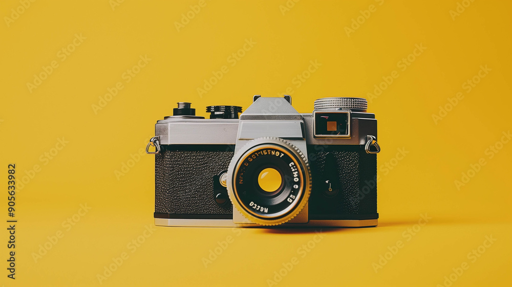 A retro film camera with a metallic finish, set against a bright yellow backdrop A retro film camera with a metallic finish, set against a bright yellow backdrop
