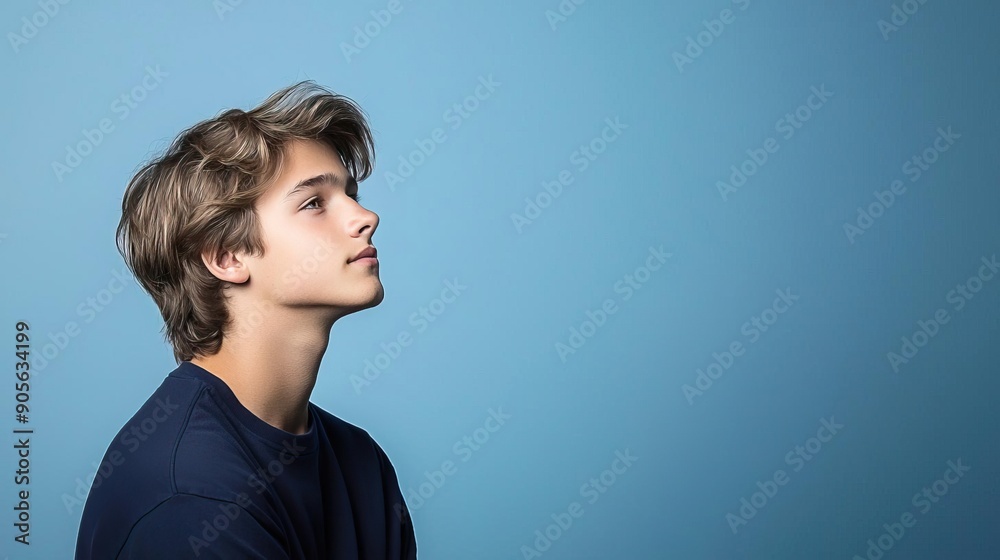 Fototapeta premium Young man with brown hair looking to the side on a blue background