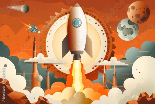 Illustration of a rocket taking off and a large gear in the background. photo