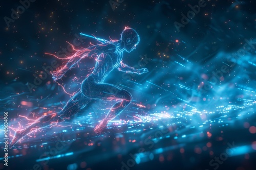 Human Runner Athlete with Digital Wireframe and Neon Light Background, a Fusion of Sport and Technology