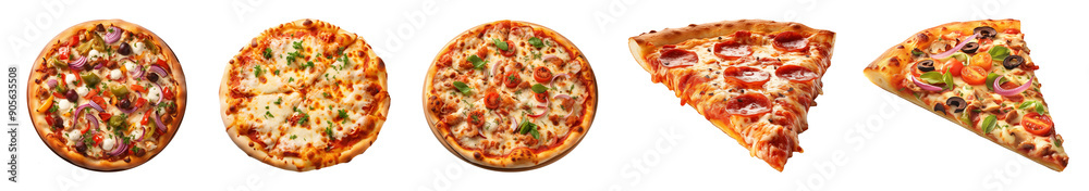 Set of gourmet vegetarian pizzas and slices. Fresh out of oven. Set of gourmet vegetarian pizzas and slices. Fresh out of oven.