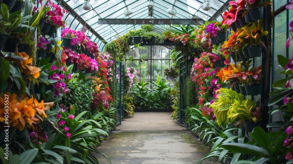 Naklejka premium A colorful array of orchids fills the greenhouse, creating a stunning pathway lined with lush foliage and vibrant blooms.