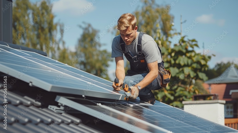 Solar Panel Installation: A Worker on a Rooftop Solar Panel Installation: A Worker on a Rooftop