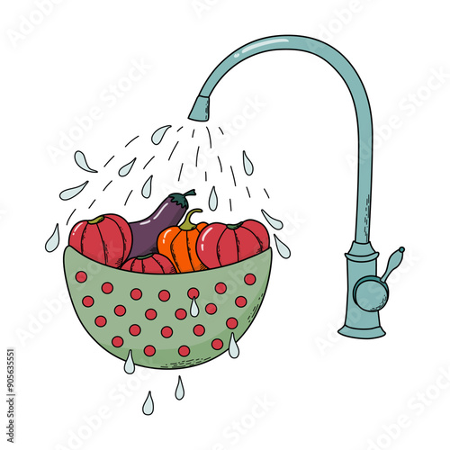 Wash fresh vegetables before eating or cooking. Food in  colander under water, step is to properly wash whatever produce is going to be canned. Concept of health care. Vector illustration.