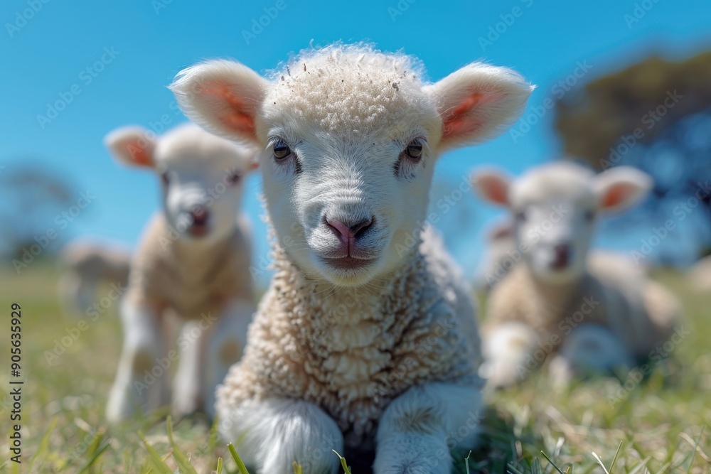 Lambs on Grassy Meadow Under Clear Blue Sky, Spring Time
Lambs on Grassy Meadow Under Clear Blue Sky, Spring Time