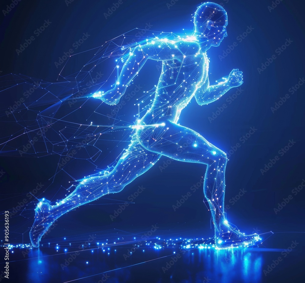 Human Runner Athlete with Digital Wireframe and Neon Light Background, a Fusion of Sport and Technology Human Runner Athlete with Digital Wireframe and Neon Light Background, a Fusion of Sport and Technology