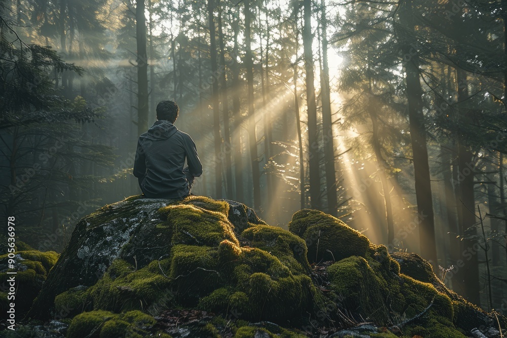 A person practices meditation in a serene forest setting, with rays of sunlight filtering through the trees, enhancing the calm and peaceful atmosphere of the scene. A person practices meditation in a serene forest setting, with rays of sunlight filtering through the trees, enhancing the calm and peaceful atmosphere of the scene.