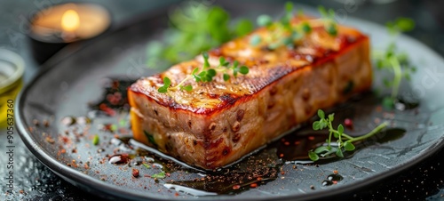 Foie Gras Terrine. Rich, silky terrine made from duck liver, garnished with microgreens and served on a black plate with a drizzle of balsamic reduction.

