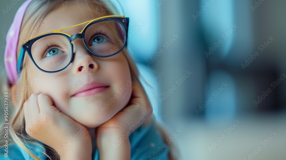Beautiful little girl with her hands on her chin thinking about the promising future. Beautiful little girl with her hands on her chin thinking about the promising future.