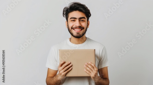 Smiling young man holding a cardboard box with space for writing on a plain background.