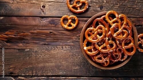  A large bowl filled with crunchy pretzels on a rustic wooden table.