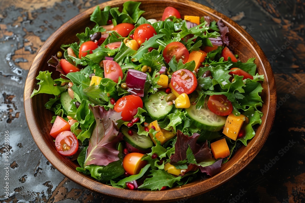 Freshly Prepared Colorful Salad With Cherry Tomatoes, Cucumbers, and Mixed Greens in a Wooden Bowl Freshly Prepared Colorful Salad With Cherry Tomatoes, Cucumbers, and Mixed Greens in a Wooden Bowl
