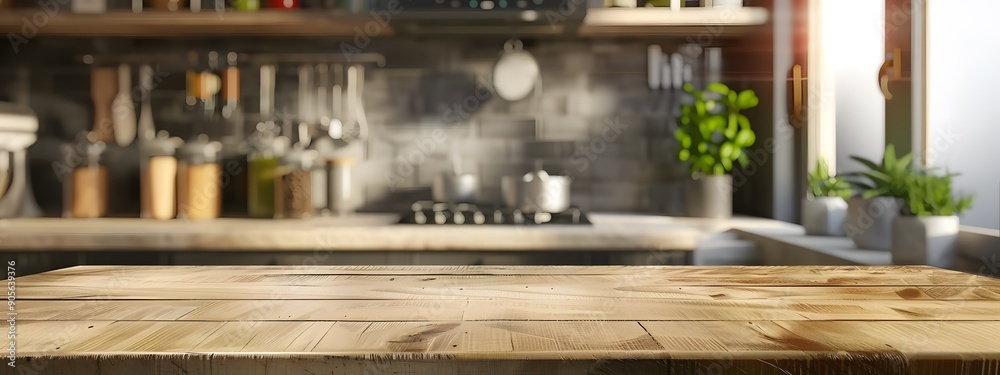 Empty wooden table top with blurred kitchen interior background for product display montage Empty wooden table top with blurred kitchen interior background for product display montage