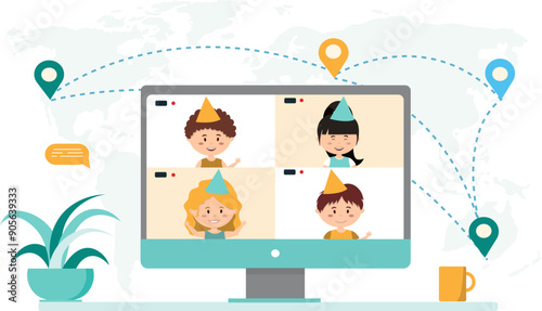 Online party. Happy party, birthday,virtual meeting