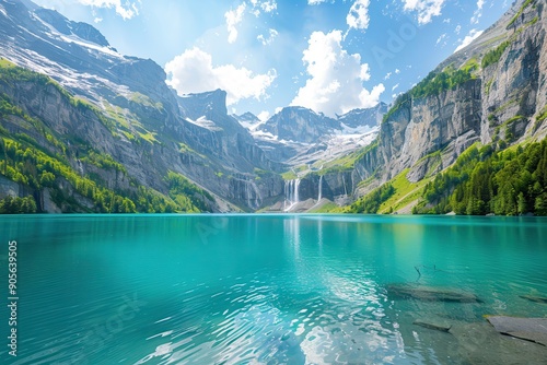 Fototapeta Naklejka Na Ścianę i Meble -  Spectacular oeschinensee lake beneath bluemlisalp peak during a bright summer day. Breathtaking scenery of oeschinensee's crystal waters in kandersteg, switzerland, featuring lovely waterfalls