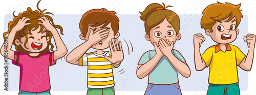 Behaviors such as closing eyes, making stop signs, shouting angrily, covering mouth with hands.Different negative emotions, feelings, facial expressions, hand movements and body languages ​​