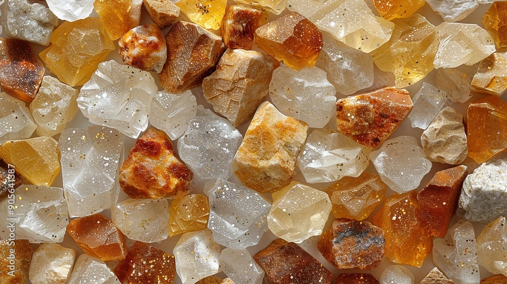 A detailed shot of diverse-colored stones and fragments of translucent rock, with water drops adorning them A detailed shot of diverse-colored stones and fragments of translucent rock, with water drops adorning them