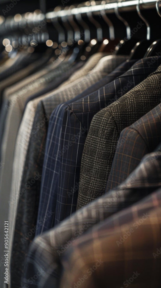 Obraz premium Diverse Collection of Men's Suits in Vibrant Colors and Patterns, Featuring a Black Pinstripe Jacket and White Shirt Displayed on a Rack in Front of an Office.