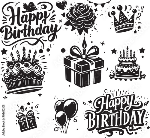 happy birthday sticker black white vector