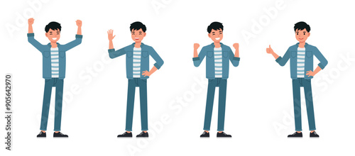 Businessman wear blue jeans shirt character set. Men express positive emotions happiness, pride, joy, encouragement. Vector illustration design.