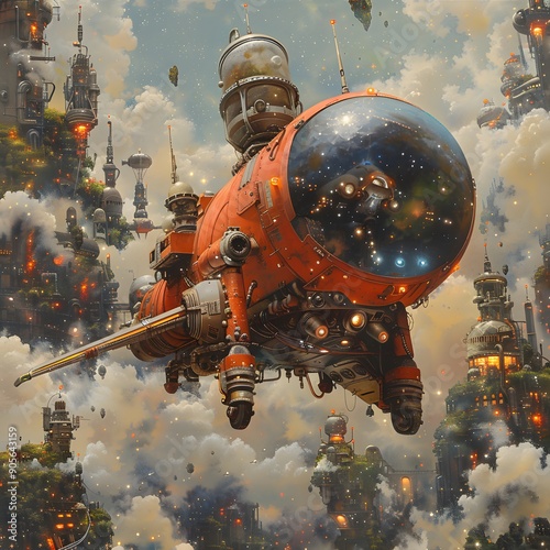 Fototapeta Naklejka Na Ścianę i Meble -  A red spaceship is flying through a cloudy sky. The spaceship is surrounded by buildings, and there are several people on the ship. Scene is futuristic and adventurous