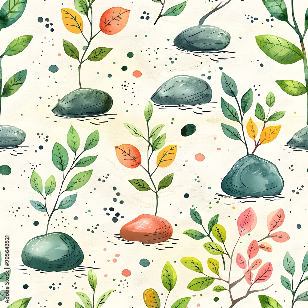A watercolor painting of a garden with rocks and leaves. The painting ...