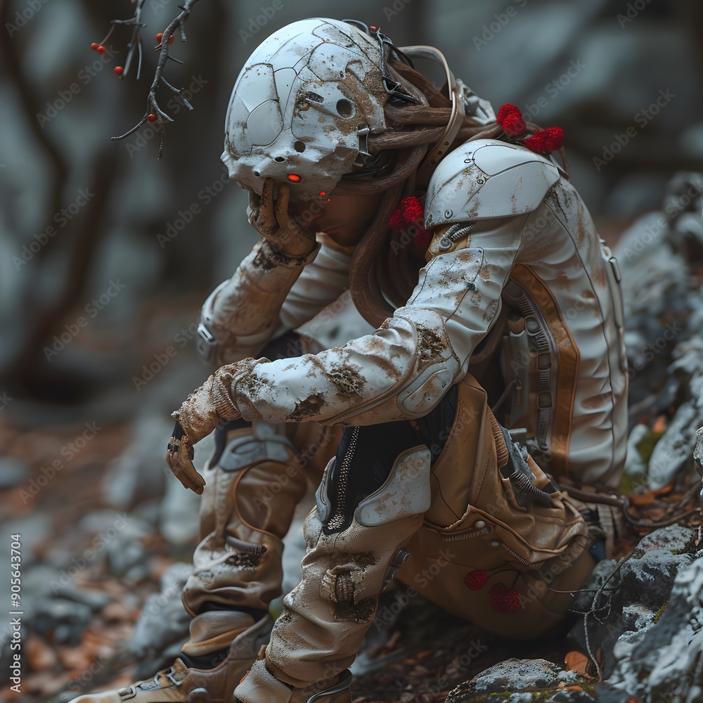 A woman in a white suit is sitting on a rock, looking down and looking sad. She is wearing a helmet and a backpack A woman in a white suit is sitting on a rock, looking down and looking sad. She is wearing a helmet and a backpack