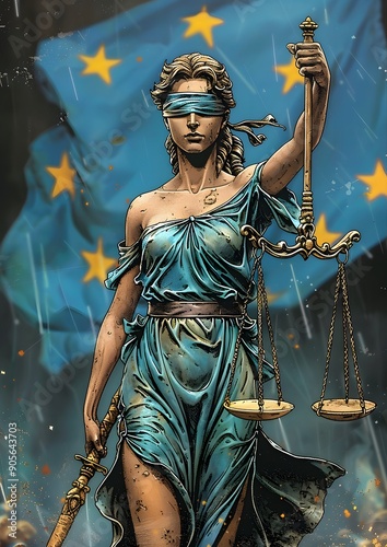 A woman in a blue robe holding scales and a blindfold. The woman is a judge and the flag behind her is blue and yellow