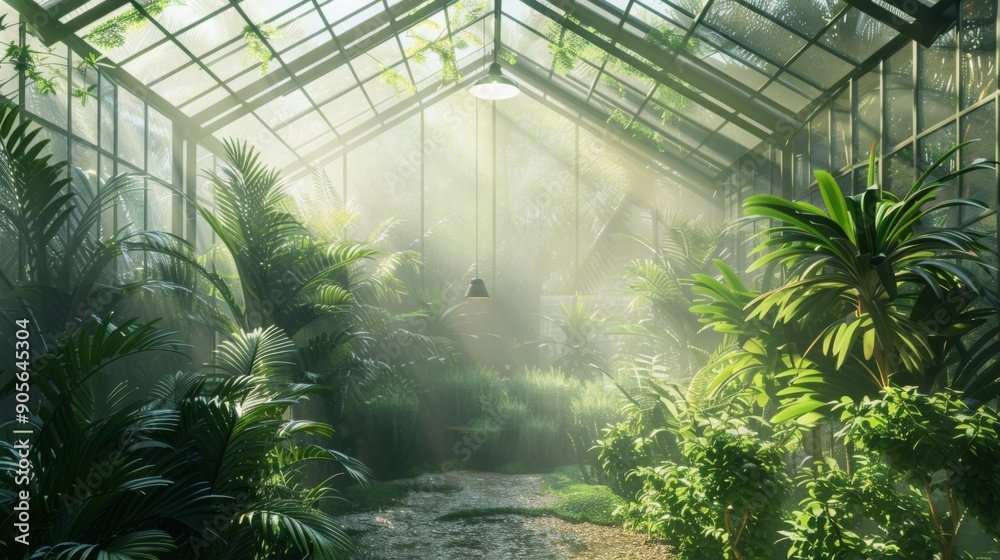 Sunlight streams through the glass walls of a greenhouse, illuminating vibrant tropical plants surrounded by a tranquil morning mist. Sunlight streams through the glass walls of a greenhouse, illuminating vibrant tropical plants surrounded by a tranquil morning mist.