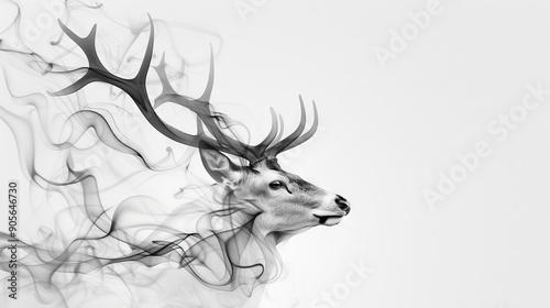   Black & white photo of deer head w/smoke from antlers photo