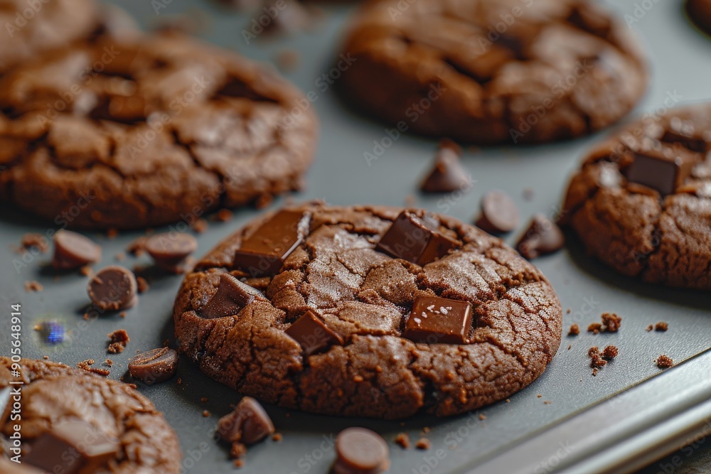 A tray of chocolate chip cookies with chocolate chips scattered on top A tray of chocolate chip cookies with chocolate chips scattered on top