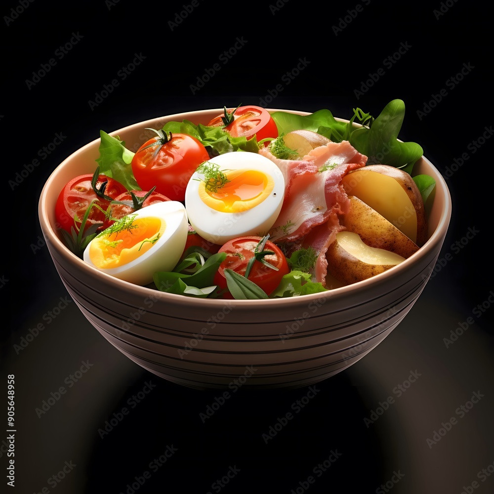 Delicious Salad with Eggs, Bacon, and Potatoes Delicious Salad with Eggs, Bacon, and Potatoes