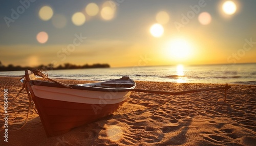 ruderboot liegt am strand im sonnenuntergang mit tanzenden insekten photo