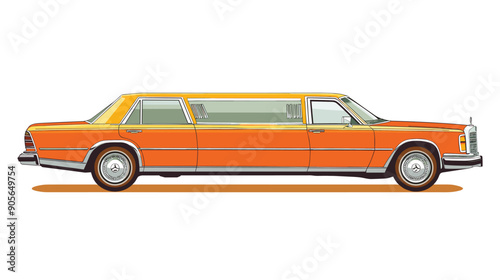 Side view classic orange limousine, luxury long vehicle, detailed retro car illustration isolated white background. Vintage automobile, collectible limo model chrome details, whitewall tires