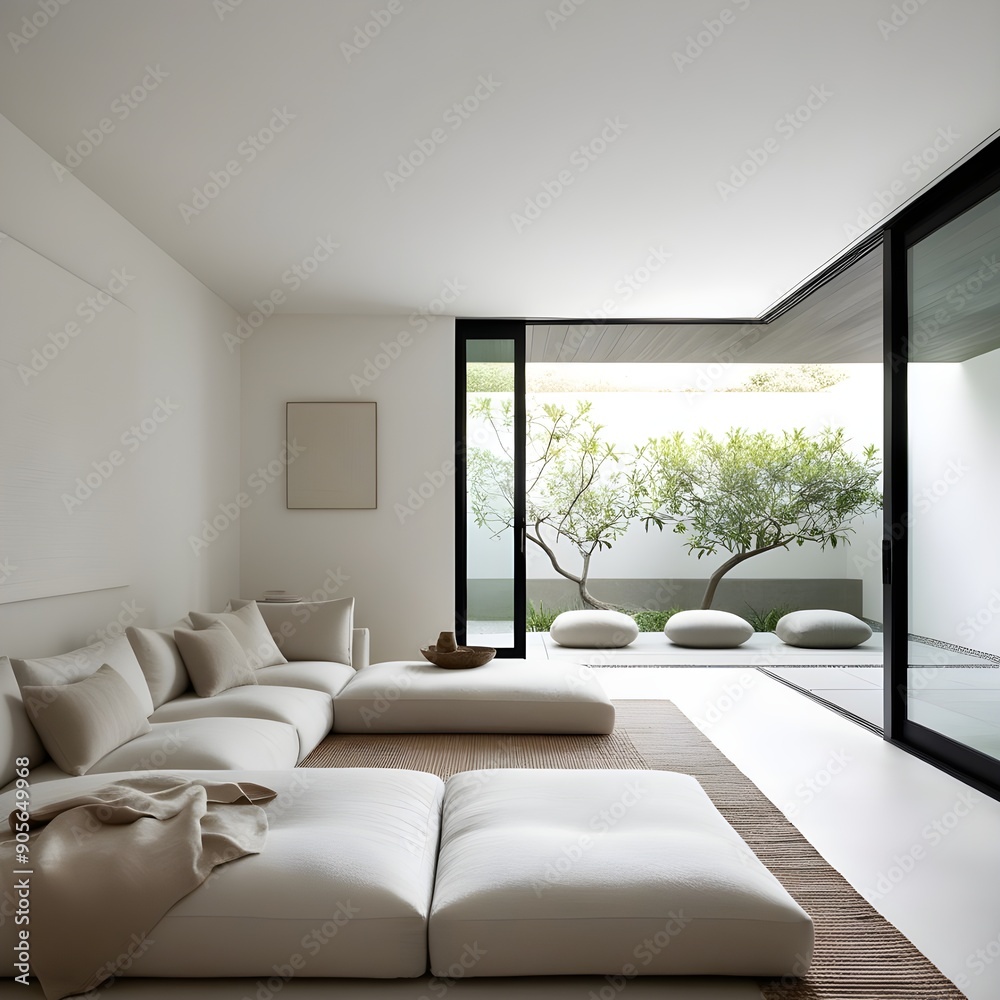 Fototapeta premium A living room interior with white wall and panoramic window with pool.