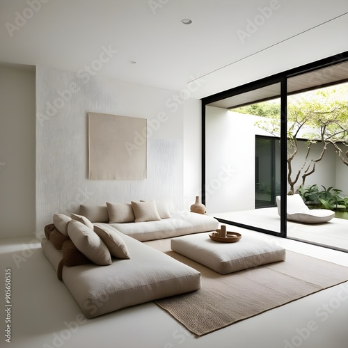 A living room interior with white wall and panoramic window with pool.