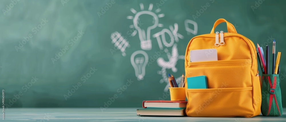 Bright Yellow Backpack On Desk In Classroom With Whiteboard And School Supplies Bright Yellow Backpack On Desk In Classroom With Whiteboard And School Supplies