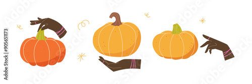 Halloween pumpkin set. Human hands holding cute pumpkins
